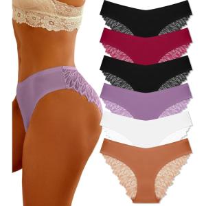 imageFINETOO 6 Pack Sexy Underwear for Women Silky Seamless No Show Panties Ladies Lace Bikini Lightweight Cheeky HipsterBlack  Brick Yellow  White  Purple  Date Red