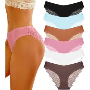 imageFINETOO 6 Pack Sexy Underwear for Women Silky Seamless No Show Panties Ladies Lace Bikini Lightweight Cheeky HipsterBlack  Fishwater  Brick Yellow  Caramel  White  Mocha Gray