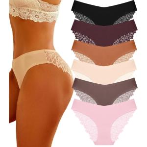imageFINETOO 6 Pack Sexy Underwear for Women Silky Seamless No Show Panties Ladies Lace Bikini Lightweight Cheeky HipsterBlack  Grape Purple  Brick Yellow  Mocha Gray  Apricot  Pink