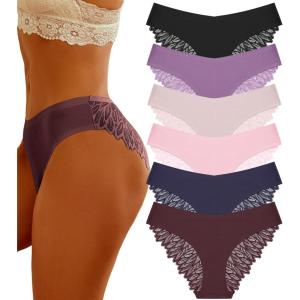 imageFINETOO 6 Pack Sexy Underwear for Women Silky Seamless No Show Panties Ladies Lace Bikini Lightweight Cheeky HipsterBlack  Grape Purple  Dark Blue  Purple  Khaki  Pink