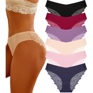 imageFINETOO 6 Pack Sexy Underwear for Women Silky Seamless No Show Panties Ladies Lace Bikini Lightweight Cheeky HipsterBlackpurplepinkdark Blueredapricot