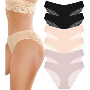 imageFINETOO 6 Pack Sexy Underwear for Women Silky Seamless No Show Panties Ladies Lace Bikini Lightweight Cheeky HipsterColor a