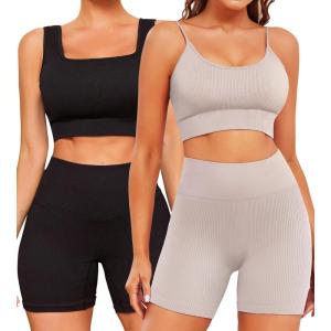 imageFINETOO Workout Sets for Women 4 Pieces Ribbed Crop Tank Shorts Active Gym Exercise High Waisted Sports Yoga Outfit SLPack B