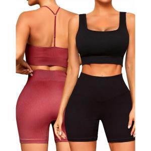 imageWorkout Outfits Sets for Women 4 piece Seamless Backless Tank Sport Bra High Waist Short Yoga Gym Matching Active Set0 Black  Red