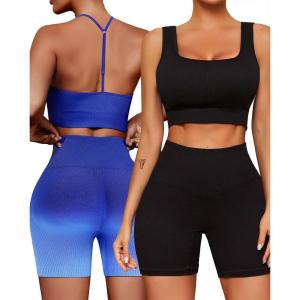 imageWorkout Outfits Sets for Women 4 piece Seamless Backless Tank Sport Bra High Waist Short Yoga Gym Matching Active Set0 Navy  Black