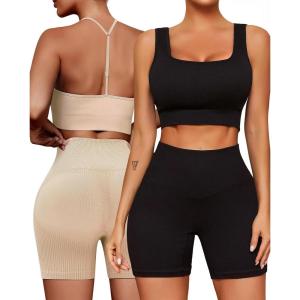 imageWorkout Outfits Sets for Women 4 piece Seamless Backless Tank Sport Bra High Waist Short Yoga Gym Matching Active Set0 Nude  Black