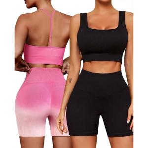 imageWorkout Outfits Sets for Women 4 piece Seamless Backless Tank Sport Bra High Waist Short Yoga Gym Matching Active Set0 Pink  Black