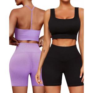 imageWorkout Outfits Sets for Women 4 piece Seamless Backless Tank Sport Bra High Waist Short Yoga Gym Matching Active Set0 Purple  Black