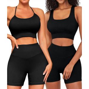 imageWorkout Outfits Sets for Women 4 piece Seamless Backless Tank Sport Bra High Waist Short Yoga Gym Matching Active SetBlack  Black