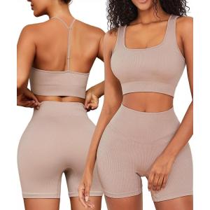 imageWorkout Outfits Sets for Women 4 piece Seamless Backless Tank Sport Bra High Waist Short Yoga Gym Matching Active SetLight Khaki  Light Khaki