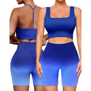 imageWorkout Outfits Sets for Women 4 piece Seamless Backless Tank Sport Bra High Waist Short Yoga Gym Matching Active SetNavy  Navy
