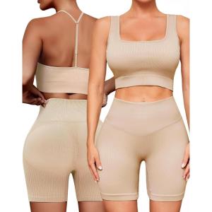 imageWorkout Outfits Sets for Women 4 piece Seamless Backless Tank Sport Bra High Waist Short Yoga Gym Matching Active SetNude  Nude