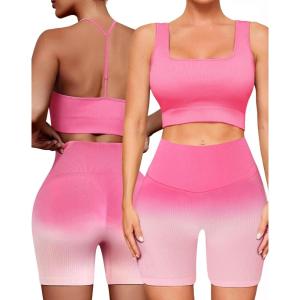 imageWorkout Outfits Sets for Women 4 piece Seamless Backless Tank Sport Bra High Waist Short Yoga Gym Matching Active SetPink  Pink