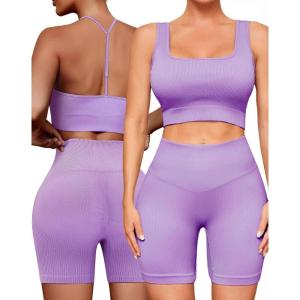 imageWorkout Outfits Sets for Women 4 piece Seamless Backless Tank Sport Bra High Waist Short Yoga Gym Matching Active SetPurple  Purple