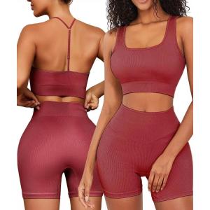 imageWorkout Outfits Sets for Women 4 piece Seamless Backless Tank Sport Bra High Waist Short Yoga Gym Matching Active SetRed  Red