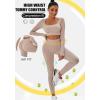 imageFINETOO Womens 4 Piece Workout Outfits Ribbed Seamless Long Sleeve Crop Sports Tops Tank High Waist Yoga Leggings SetsA Light Khaki