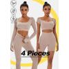 imageFINETOO Womens 4 Piece Workout Outfits Ribbed Seamless Long Sleeve Crop Sports Tops Tank High Waist Yoga Leggings SetsA Light Khaki