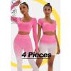 imageFINETOO Womens 4 Piece Workout Outfits Ribbed Seamless Long Sleeve Crop Sports Tops Tank High Waist Yoga Leggings SetsD Pink
