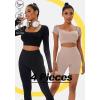 imageFINETOO Womens 4 Piece Workout Outfits Ribbed Seamless Long Sleeve Crop Sports Tops Tank High Waist Yoga Leggings SetsF Black Light Khaki