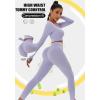 imageFINETOO Womens 4 Piece Workout Outfits Ribbed Seamless Long Sleeve Crop Sports Tops Tank High Waist Yoga Leggings SetsH Light Purple Black