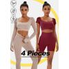imageFINETOO Womens 4 Piece Workout Outfits Ribbed Seamless Long Sleeve Crop Sports Tops Tank High Waist Yoga Leggings SetsK Light Khaki Red