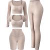 imageFINETOO Womens 4 Piece Workout Outfits Ribbed Seamless Long Sleeve Crop Sports Tops Tank High Waist Yoga Leggings SetsA Light Khaki