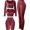imageFINETOO Womens 4 Piece Workout Outfits Ribbed Seamless Long Sleeve Crop Sports Tops Tank High Waist Yoga Leggings SetsB Red