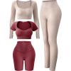 imageFINETOO Womens 4 Piece Workout Outfits Ribbed Seamless Long Sleeve Crop Sports Tops Tank High Waist Yoga Leggings SetsK Light Khaki Red