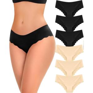 imageFINETOO 6 pack Seamless Underwear for Women Sexy Low Rise Hipster Wave Edge No Show Bikini Panties Womens Cheeky SXLBlack3beige3