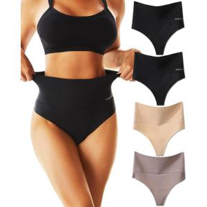 imageFINETOO High Waisted Thongs for Women Tummy Control Underwear Soft Nylon Stretchy No Show High Rise Thong Panties 4 PackHigh Rise 4a
