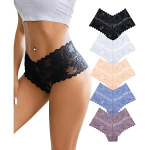 imageFINETOO Sexy Underwear for Women VWaist Shorts Women s Underwear Lightweight Soft Lace High Waist Panties 5 PackD 5 Pack Black1 Khaki1 Nude1 White1 Purple1