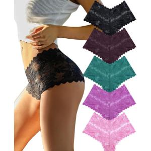imageFINETOO Sexy Underwear for Women VWaist Shorts Women s Underwear Lightweight Soft Lace High Waist Panties 5 PackF 5 Pack Black1 Pink1 Rose Red1 Green1 Dark Red1