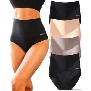 imageFINETOO Tummy Control Underwear for Women High Waisted Nylon Brief No Show Womens Bikini Seamless Panties 4pack SXXXLSet1black2skin1khaki1