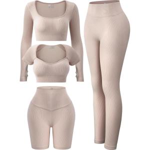 imageFINETOO Womens 4 Piece Workout Outfits Ribbed Seamless Long Sleeve Crop Sports Tops Tank High Waist Yoga Leggings SetsA Light Khaki