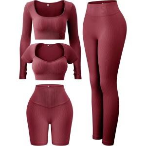 imageFINETOO Womens 4 Piece Workout Outfits Ribbed Seamless Long Sleeve Crop Sports Tops Tank High Waist Yoga Leggings SetsB Red
