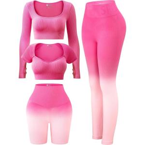 imageFINETOO Womens 4 Piece Workout Outfits Ribbed Seamless Long Sleeve Crop Sports Tops Tank High Waist Yoga Leggings SetsD Pink
