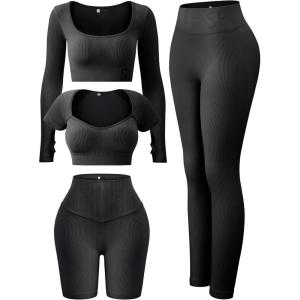 imageFINETOO Womens 4 Piece Workout Outfits Ribbed Seamless Long Sleeve Crop Sports Tops Tank High Waist Yoga Leggings SetsE Black