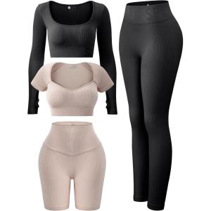 imageFINETOO Womens 4 Piece Workout Outfits Ribbed Seamless Long Sleeve Crop Sports Tops Tank High Waist Yoga Leggings SetsF Black Light Khaki