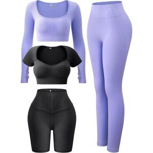 imageFINETOO Womens 4 Piece Workout Outfits Ribbed Seamless Long Sleeve Crop Sports Tops Tank High Waist Yoga Leggings SetsH Light Purple Black