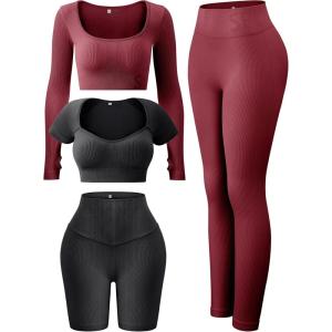 imageFINETOO Womens 4 Piece Workout Outfits Ribbed Seamless Long Sleeve Crop Sports Tops Tank High Waist Yoga Leggings SetsJ Red Black