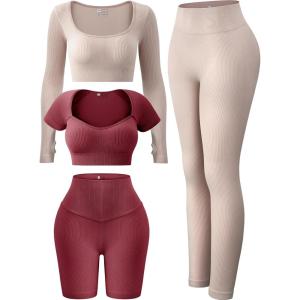 imageFINETOO Womens 4 Piece Workout Outfits Ribbed Seamless Long Sleeve Crop Sports Tops Tank High Waist Yoga Leggings SetsK Light Khaki Red