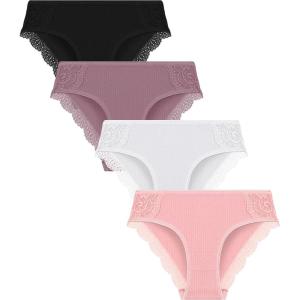imageFINETOO Womens Cotton Underwear Sexy Lace Bikini Panties Low Rise Soft Stretch ladies Cotton Cheeky Hipster 4 Pack4a