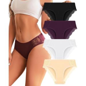 imageFINETOO Womens Cotton Underwear Sexy Lace Bikini Panties Low Rise Soft Stretch ladies Cotton Cheeky Hipster 4 Pack4c