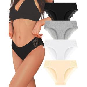 imageFINETOO Womens Cotton Underwear Sexy Lace Bikini Panties Low Rise Soft Stretch ladies Cotton Cheeky Hipster 4 Pack4d