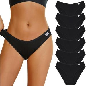 imageFINETOO Womens Underwear Cotton Bikini Rib Cheeky Panties Sexy Vshaped Waistband HipsterBlack