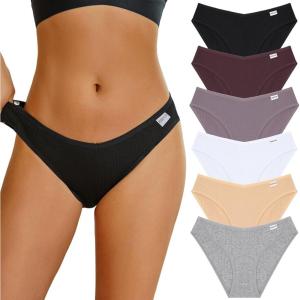 imageFINETOO Womens Underwear Cotton Bikini Rib Cheeky Panties Sexy Vshaped Waistband HipsterBlackgrape Purplekhakiwhiteskinflower Gray