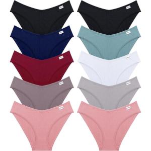 imageFINETOO Womens Underwear Cotton Bikini Rib Cheeky Panties Sexy Vshaped Waistband HipsterColor A10 Pack