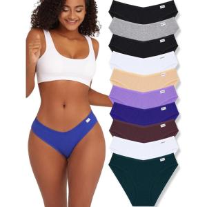 imageFINETOO Womens Underwear Cotton Bikini Rib Cheeky Panties Sexy Vshaped Waistband HipsterColor B10 Pack