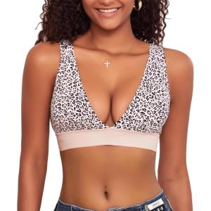 imageSeamless Triangle Bralettes for Women Deep VNeck Top Wireless Unlined Comfort Bras for Womem Sporty Soft Stretch Bralettes Leopard