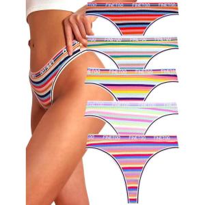 imageFINETOO Cotton Thongs for Women Sexy Soft Breathable Thong Underwear Low Rise Colorful Stripes Hipster Panties 5 Pack5pack a